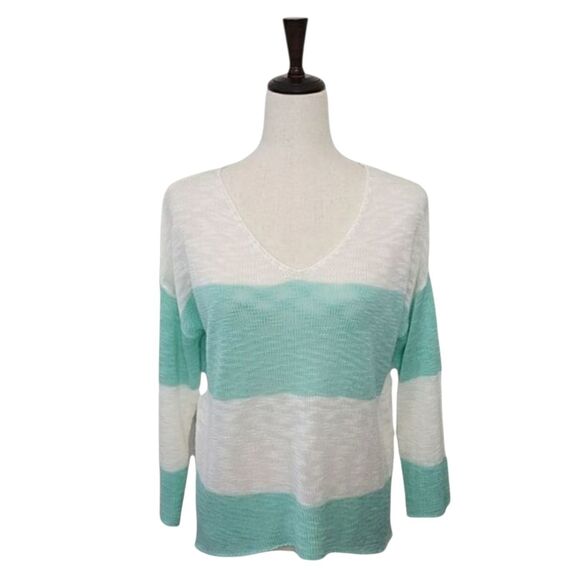W. F. Sweaters - W. F. White and Mint Green Striped Burnt-out High/low V-neck Long Sleeve Sweater